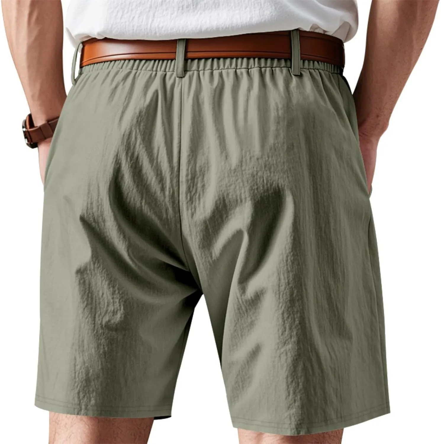 Men's Cotton Linen Shorts Casual Button Elastic Waist Summer Beach Shorts with Pocket