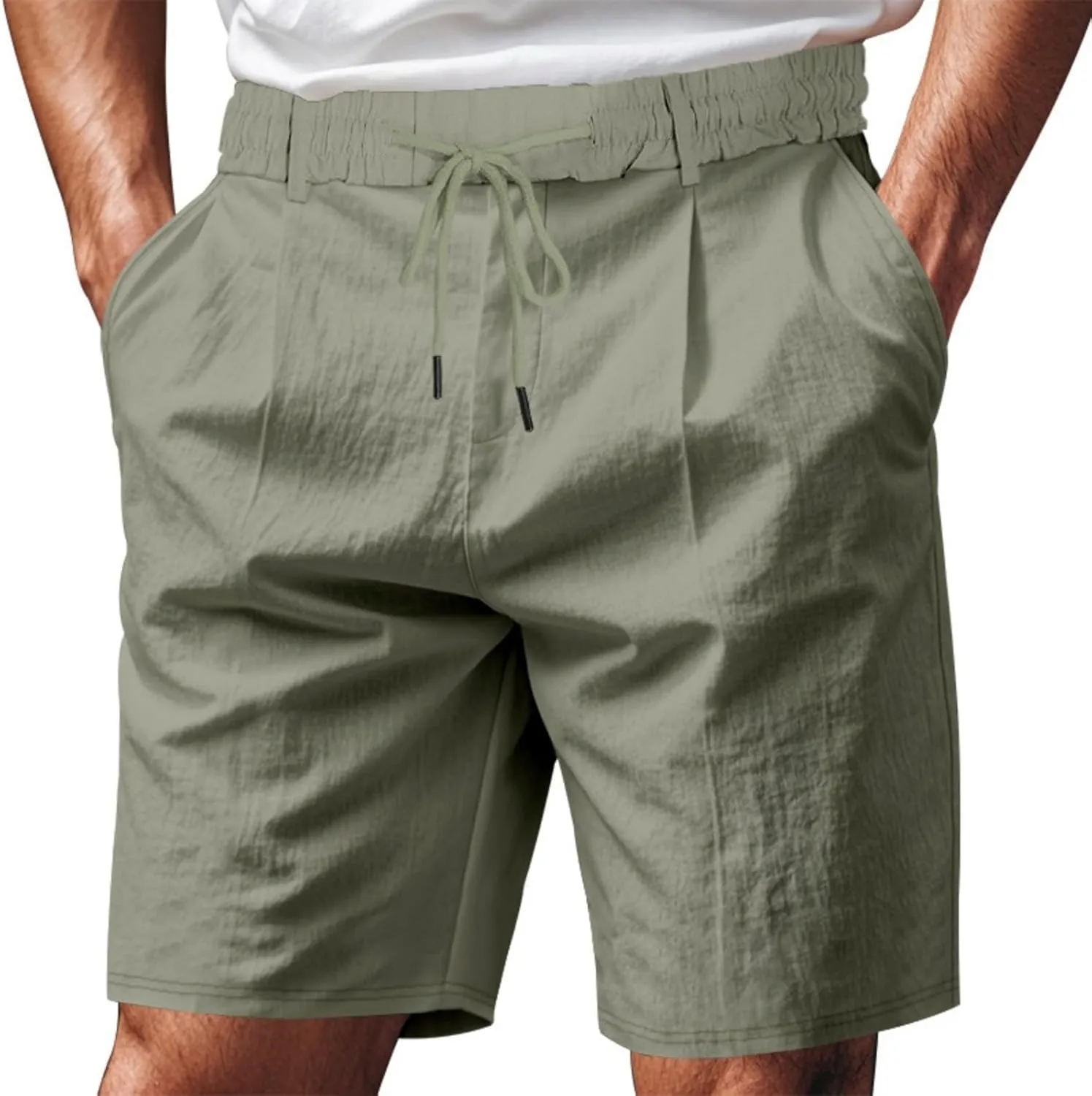 Men's Cotton Linen Shorts Casual Button Elastic Waist Summer Beach Shorts with Pocket