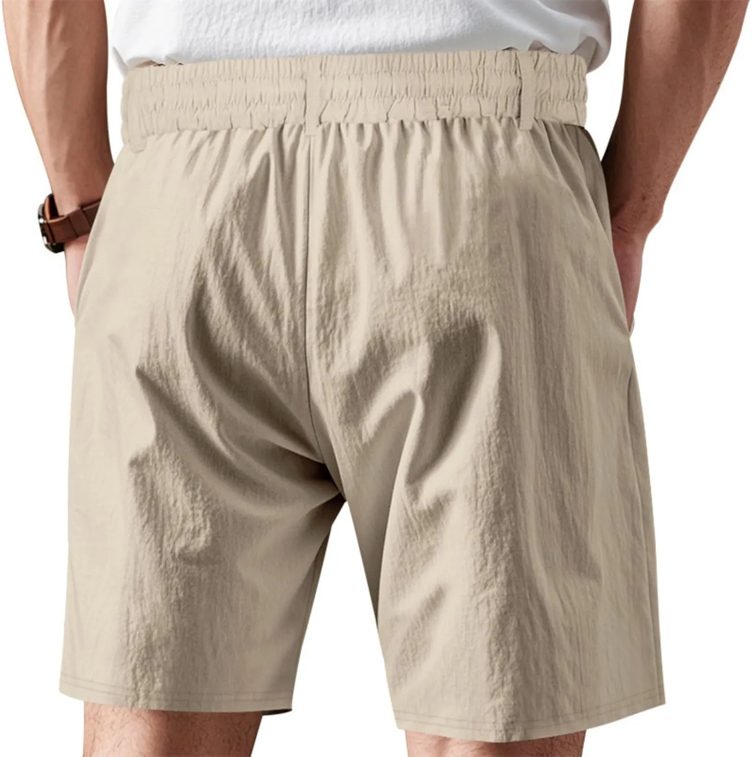 Men's Cotton Linen Shorts Casual Button Elastic Waist Summer Beach Shorts with Pocket