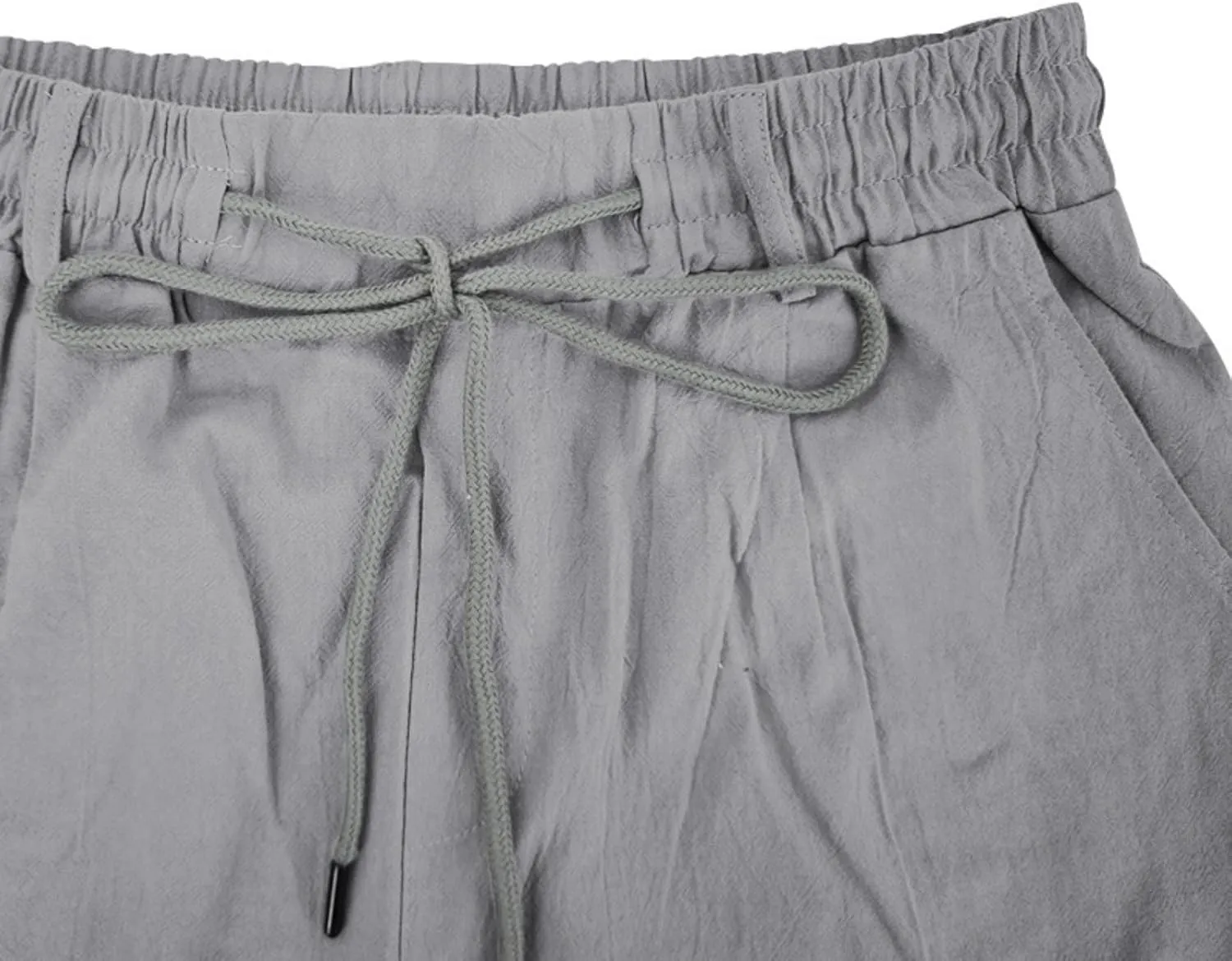 Men's Cotton Linen Shorts Casual Button Elastic Waist Summer Beach Shorts with Pocket