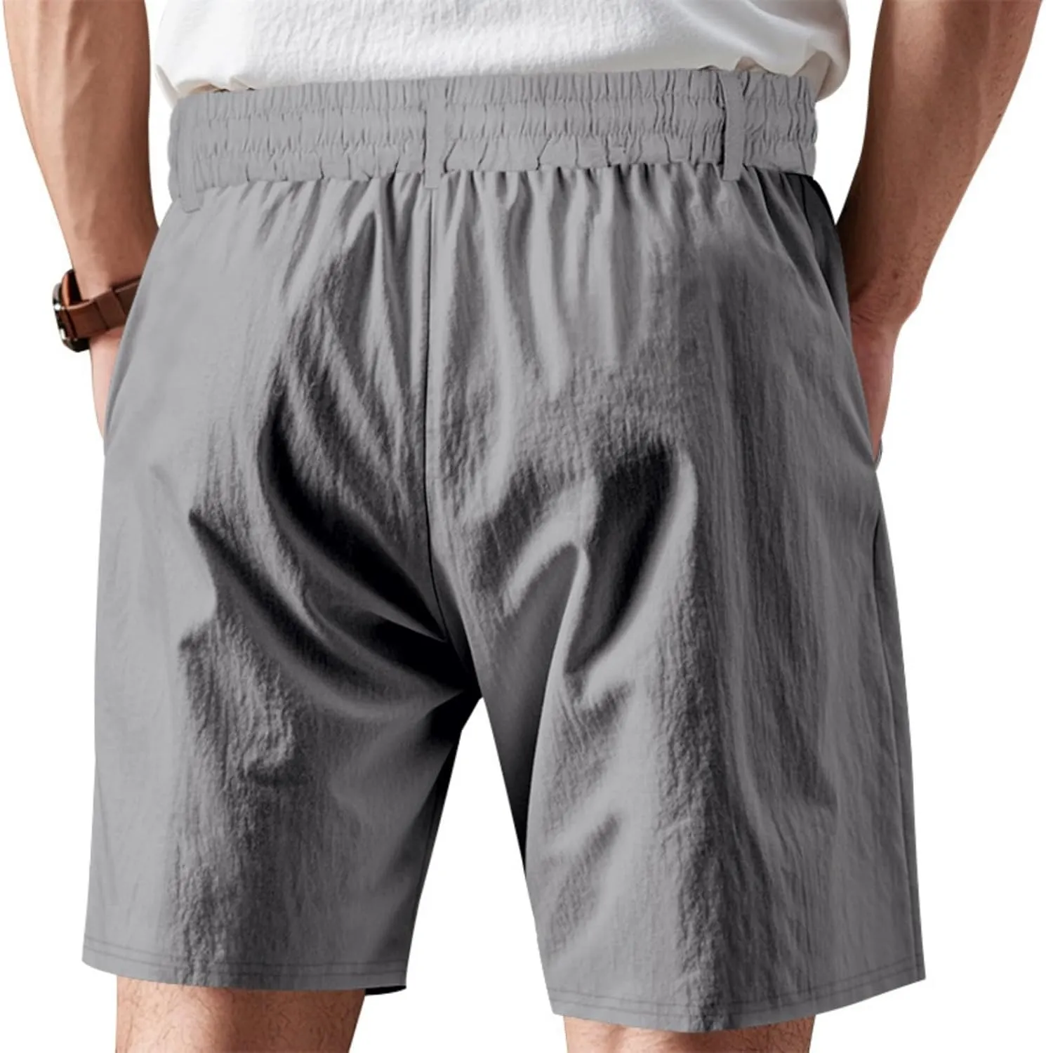 Men's Cotton Linen Shorts Casual Button Elastic Waist Summer Beach Shorts with Pocket