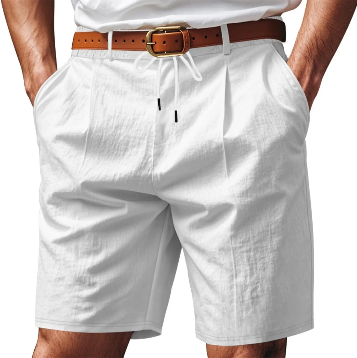 Men's Cotton Linen Shorts Casual Button Elastic Waist Summer Beach Shorts with Pocket