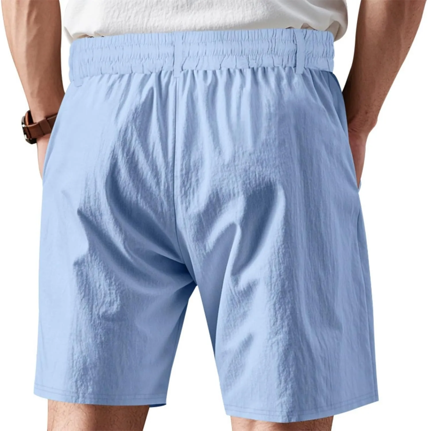 Men's Cotton Linen Shorts Casual Button Elastic Waist Summer Beach Shorts with Pocket