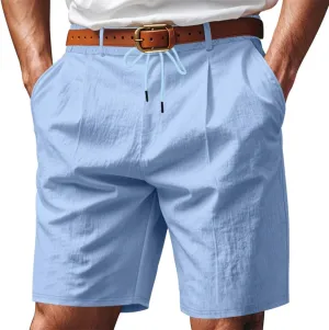 Men's Cotton Linen Shorts Casual Button Elastic Waist Summer Beach Shorts with Pocket