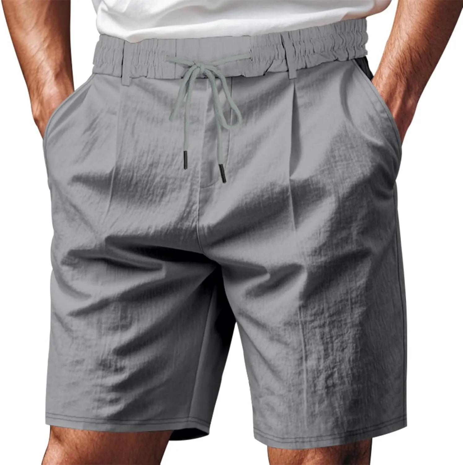 Men's Cotton Linen Shorts Casual Button Elastic Waist Summer Beach Shorts with Pocket