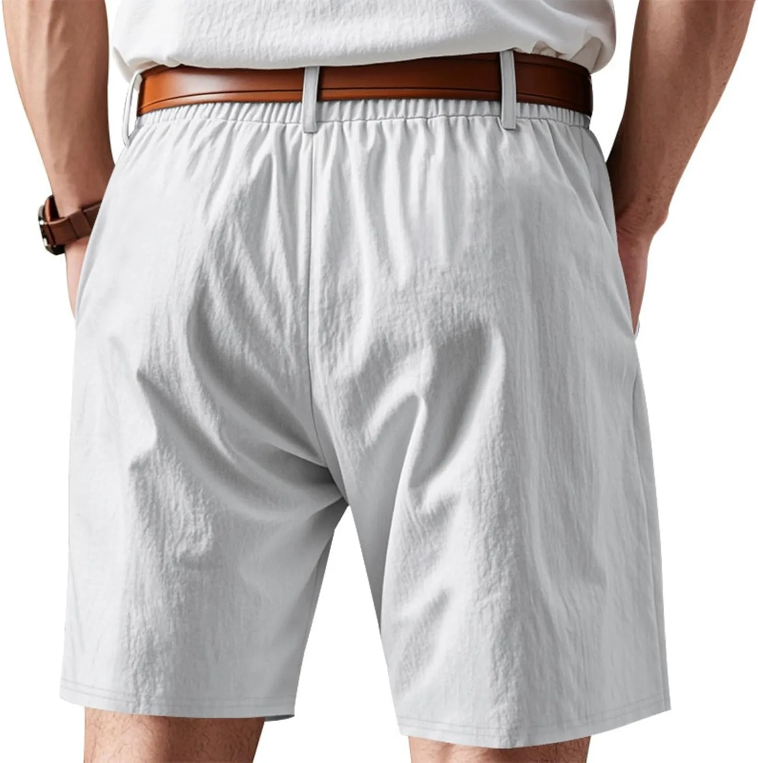 Men's Cotton Linen Shorts Casual Button Elastic Waist Summer Beach Shorts with Pocket