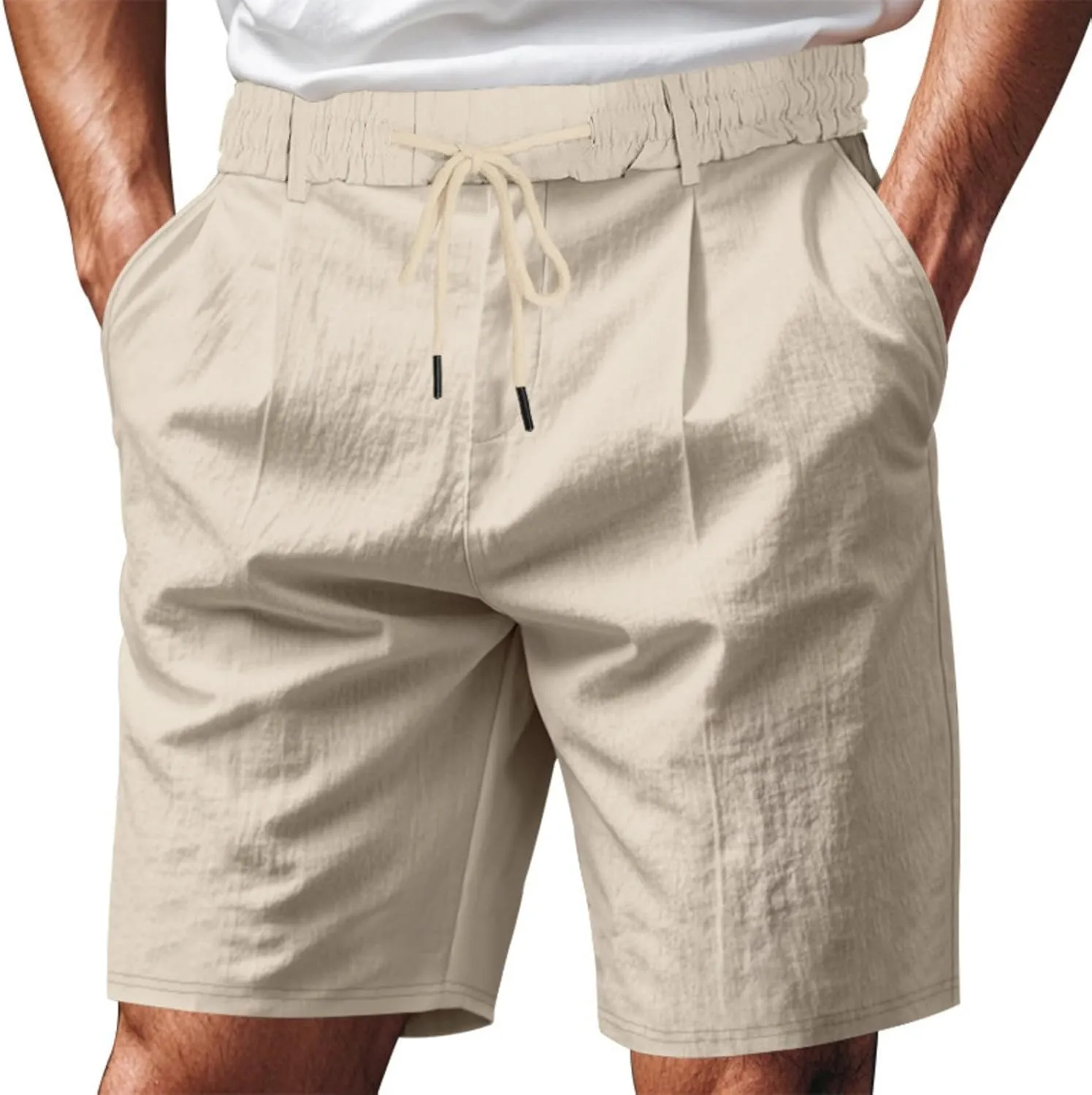 Men's Cotton Linen Shorts Casual Button Elastic Waist Summer Beach Shorts with Pocket