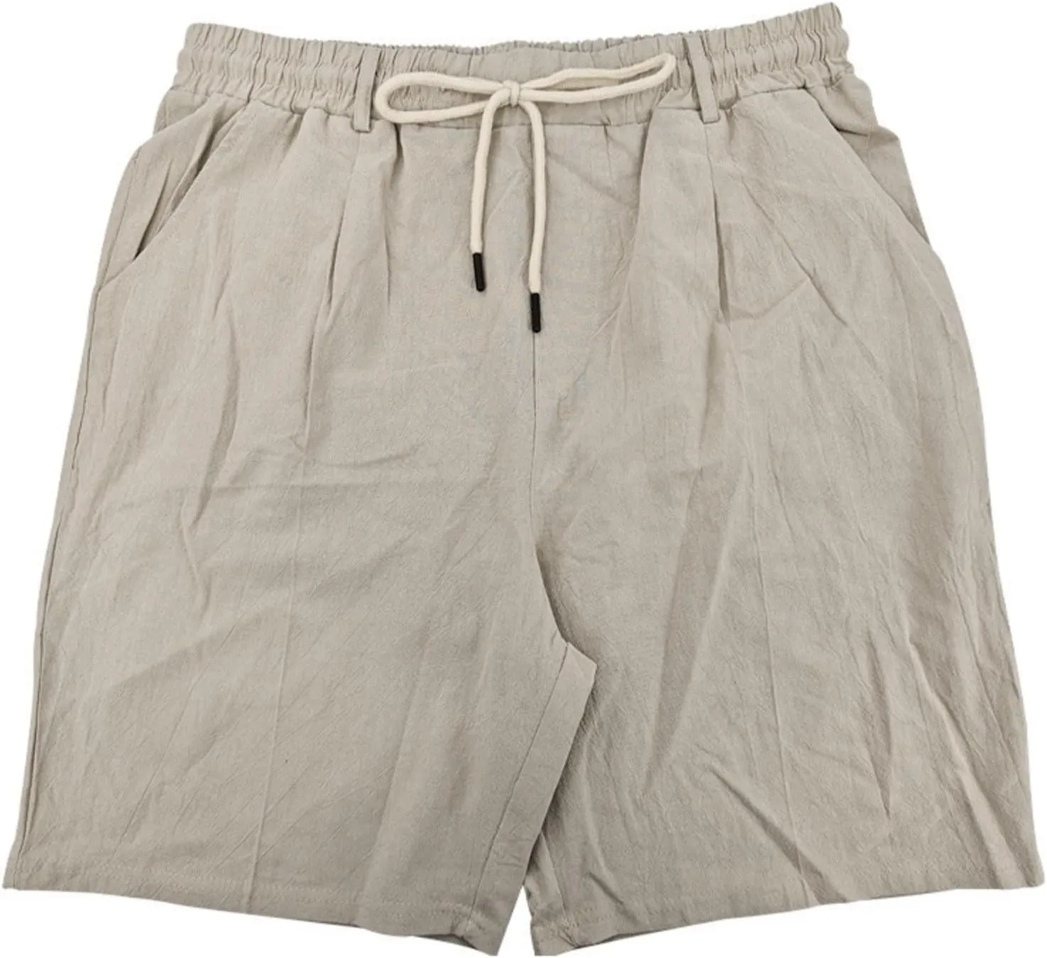 Men's Cotton Linen Shorts Casual Button Elastic Waist Summer Beach Shorts with Pocket