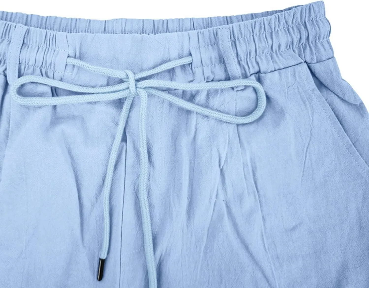 Men's Cotton Linen Shorts Casual Button Elastic Waist Summer Beach Shorts with Pocket