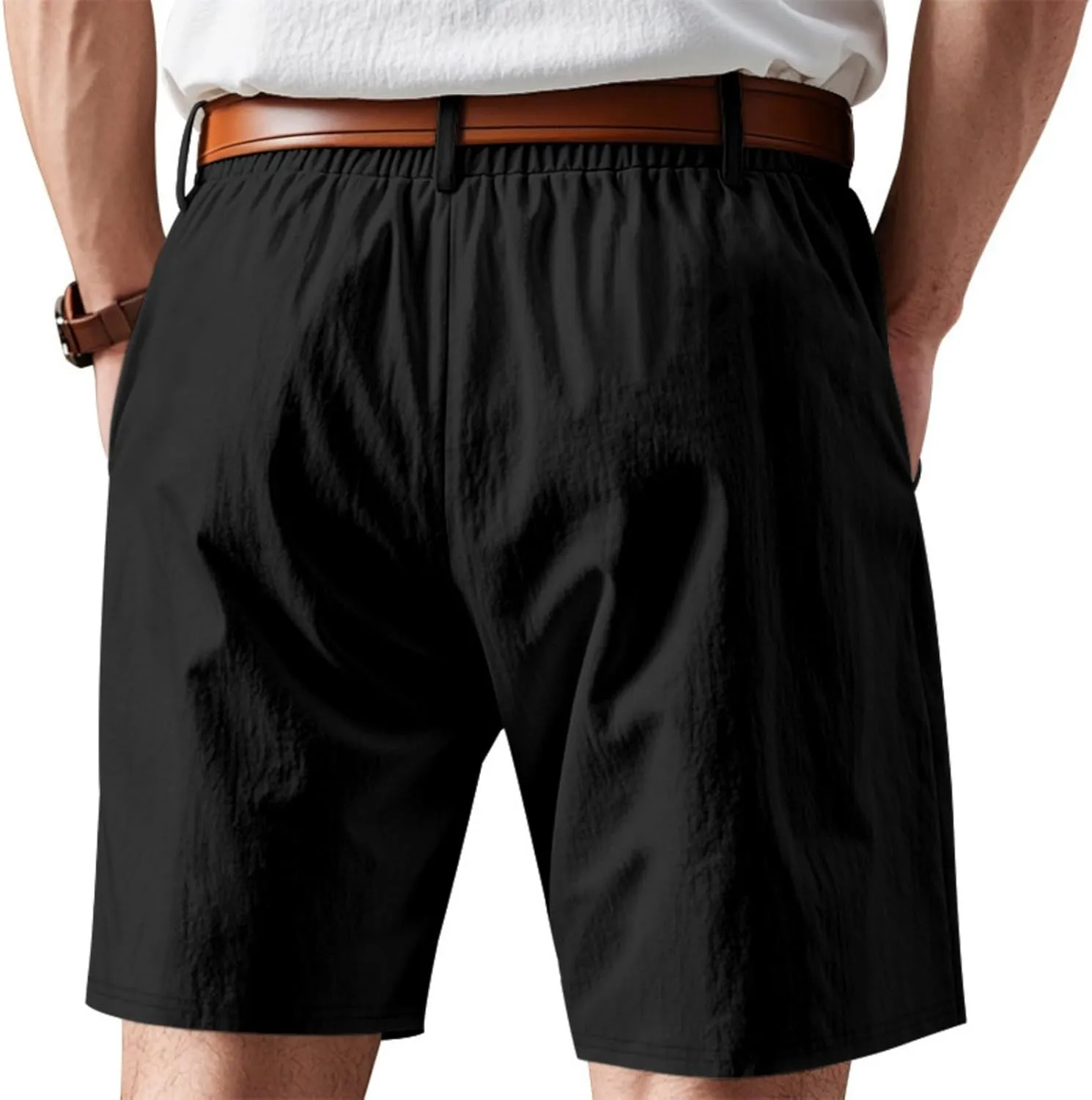 Men's Cotton Linen Shorts Casual Button Elastic Waist Summer Beach Shorts with Pocket