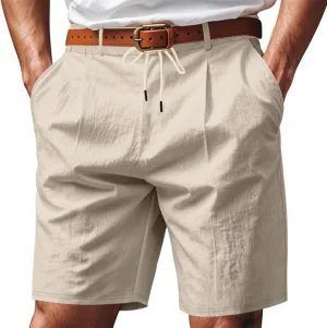 Men's Cotton Linen Shorts Casual Button Elastic Waist Summer Beach Shorts with Pocket