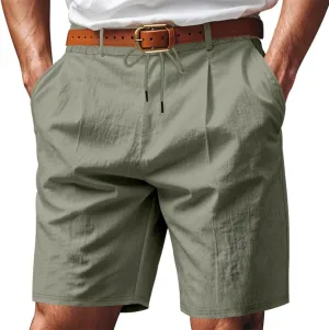 Men's Cotton Linen Shorts Casual Button Elastic Waist Summer Beach Shorts with Pocket