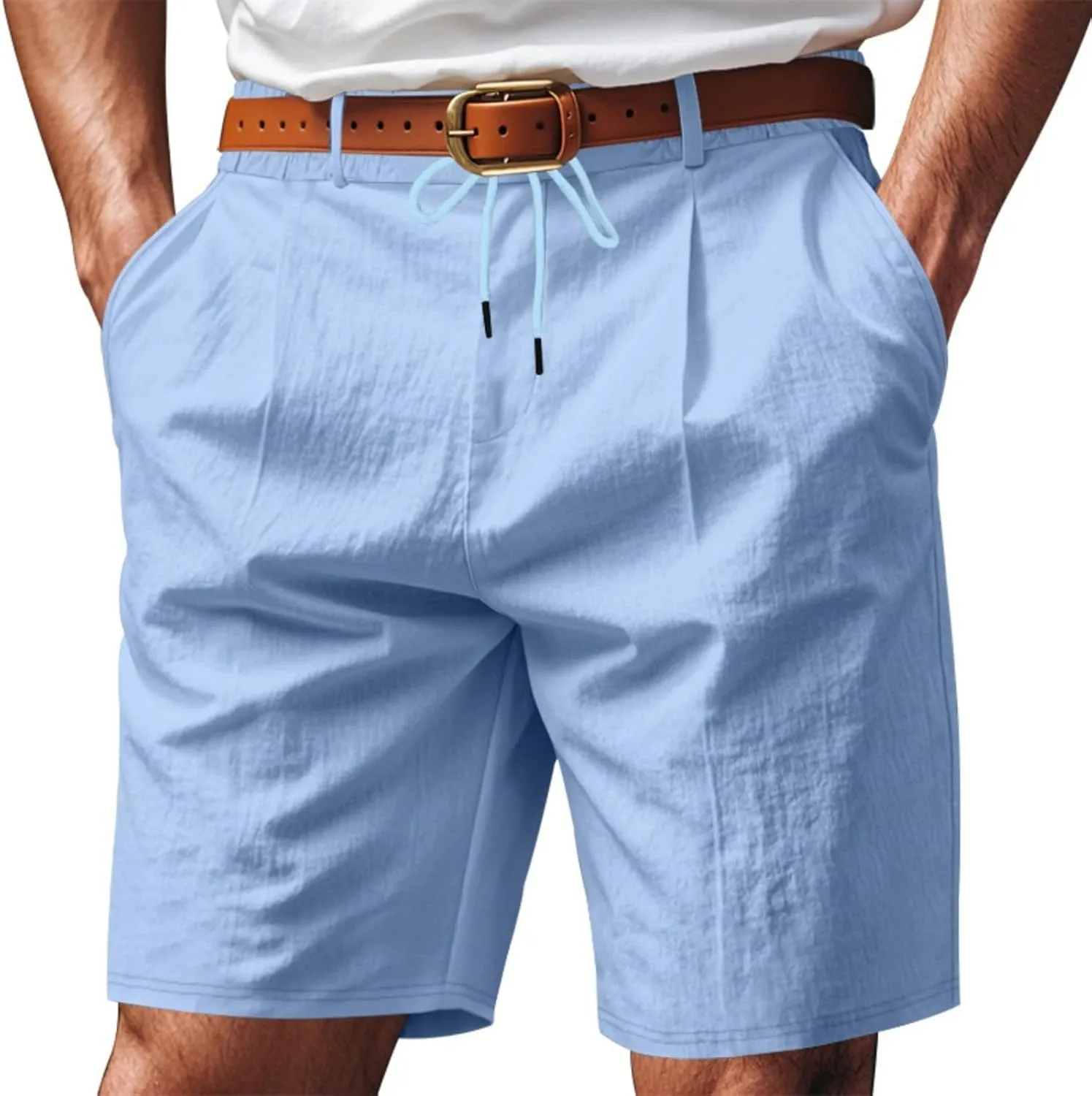 Men's Cotton Linen Shorts Casual Button Elastic Waist Summer Beach Shorts with Pocket