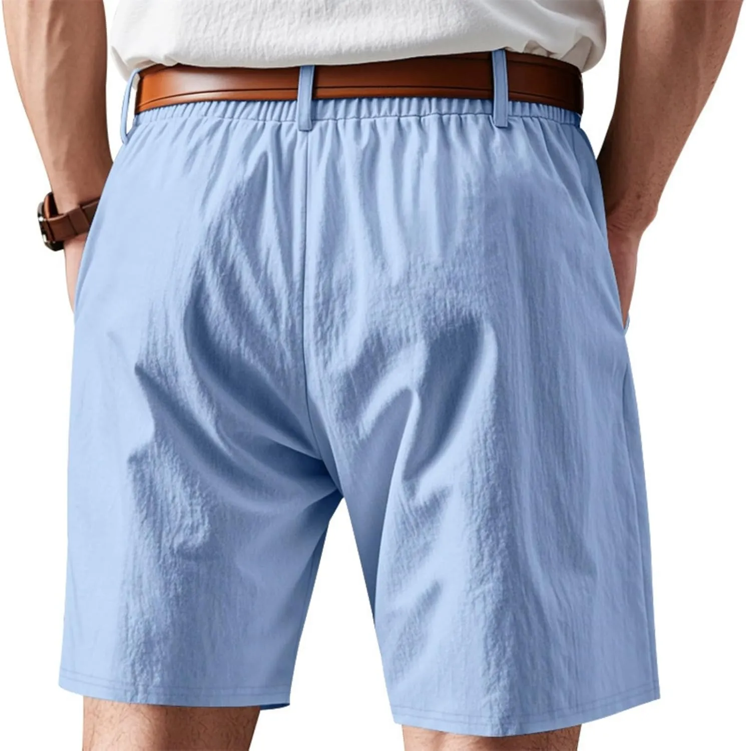 Men's Cotton Linen Shorts Casual Button Elastic Waist Summer Beach Shorts with Pocket