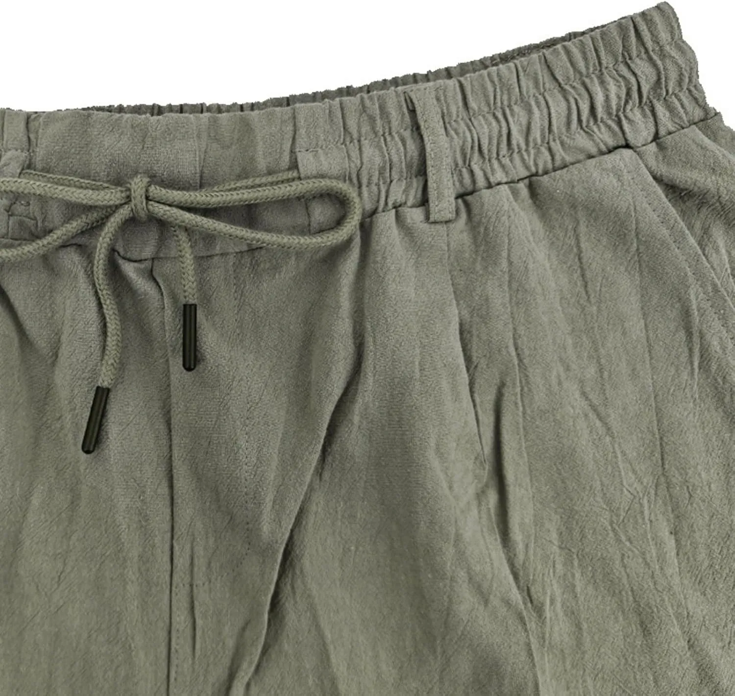 Men's Cotton Linen Shorts Casual Button Elastic Waist Summer Beach Shorts with Pocket