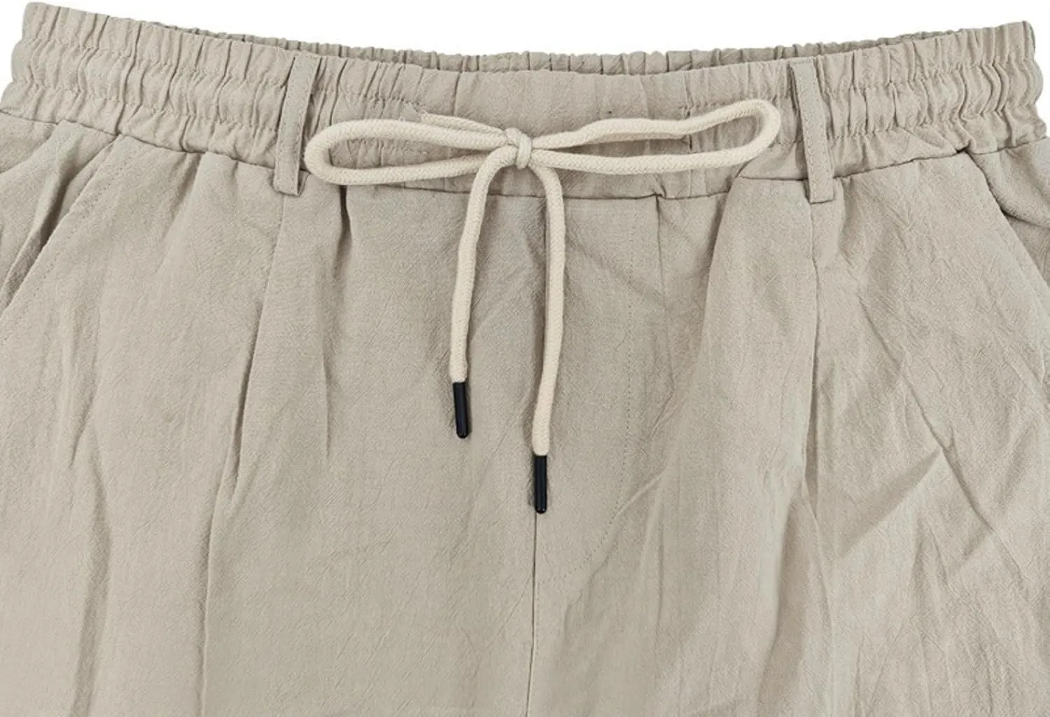 Men's Cotton Linen Shorts Casual Button Elastic Waist Summer Beach Shorts with Pocket