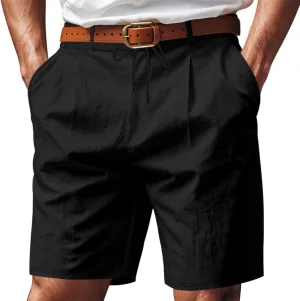 Men's Cotton Linen Shorts Casual Button Elastic Waist Summer Beach Shorts with Pocket