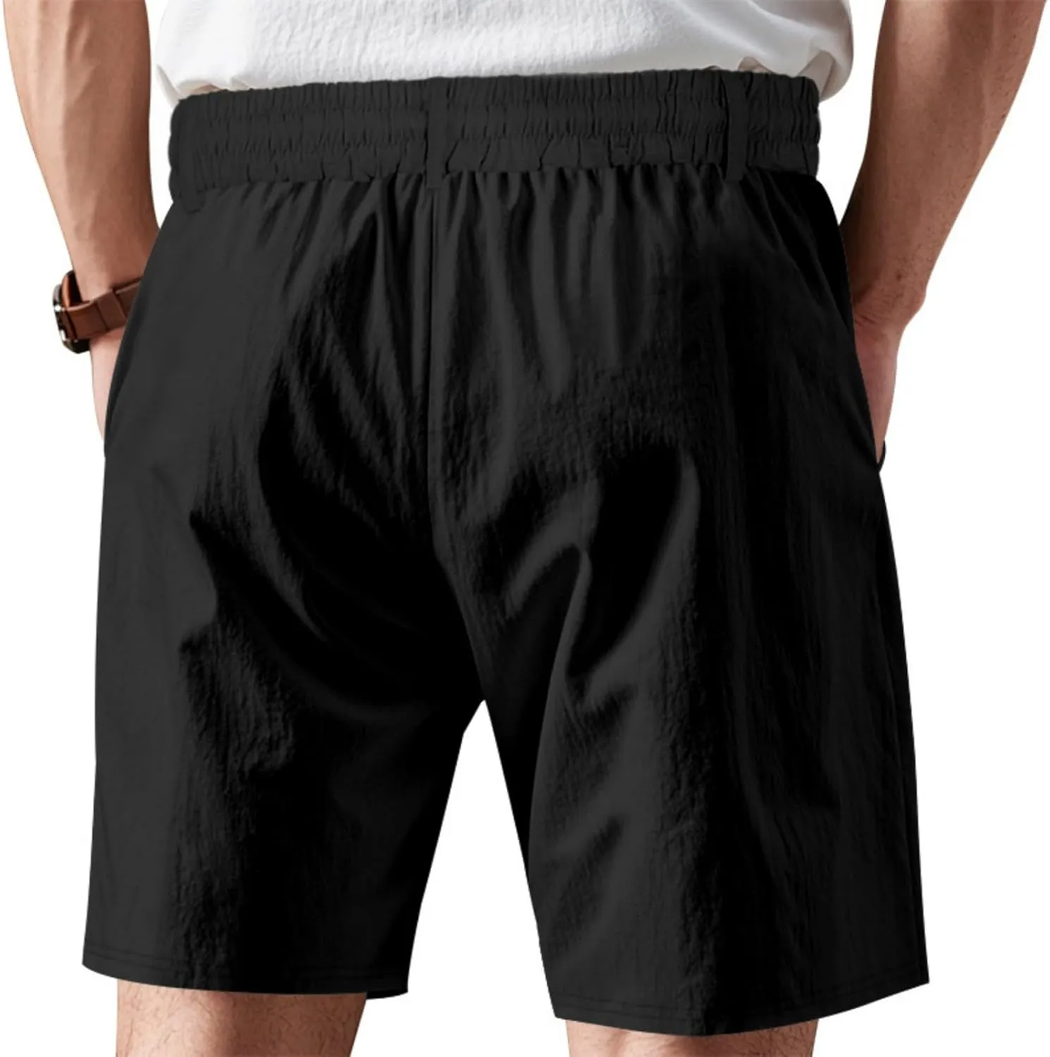 Men's Cotton Linen Shorts Casual Button Elastic Waist Summer Beach Shorts with Pocket