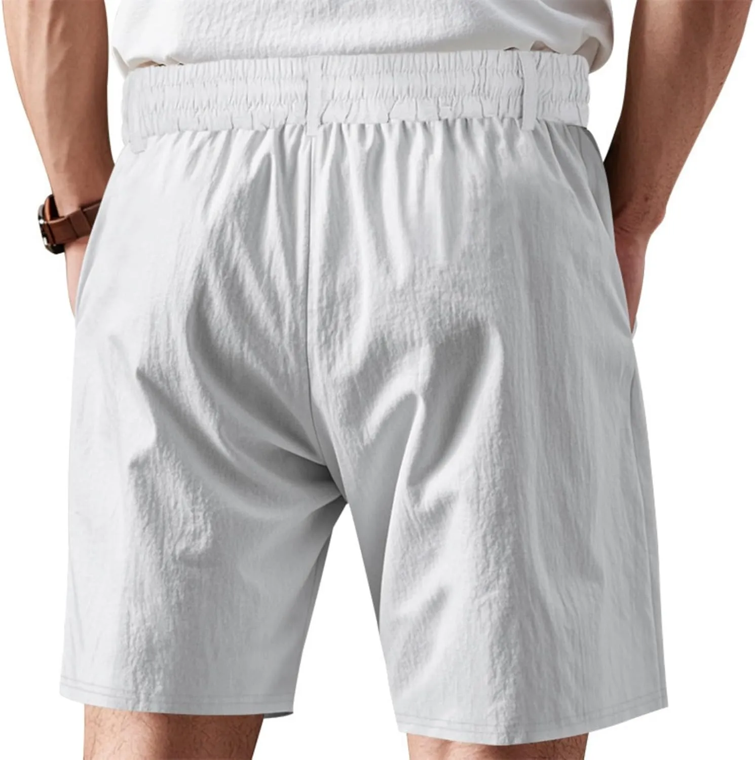 Men's Cotton Linen Shorts Casual Button Elastic Waist Summer Beach Shorts with Pocket