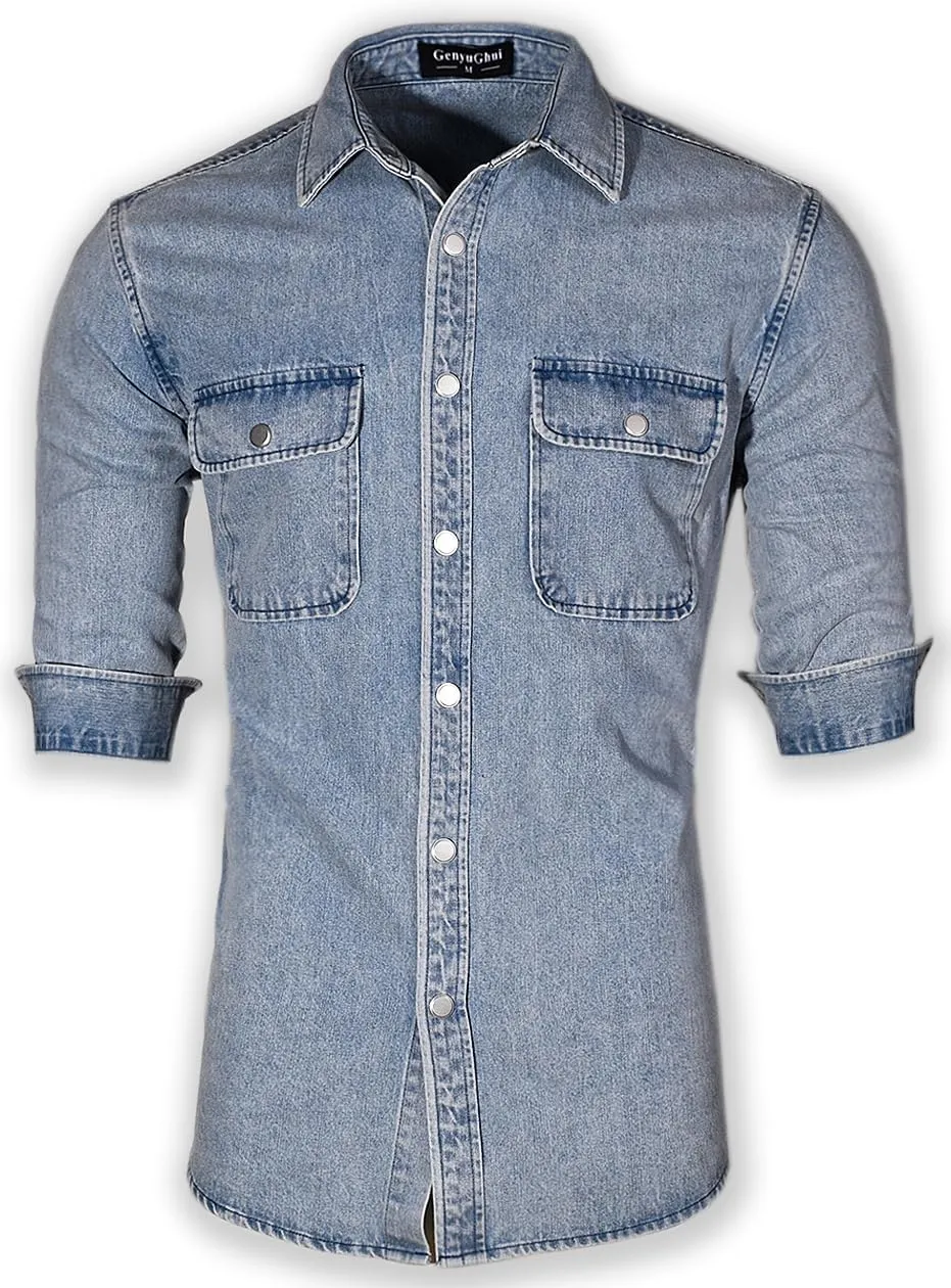 Men's Long Sleeve Slim-Fit Snap Denim Work Shirt