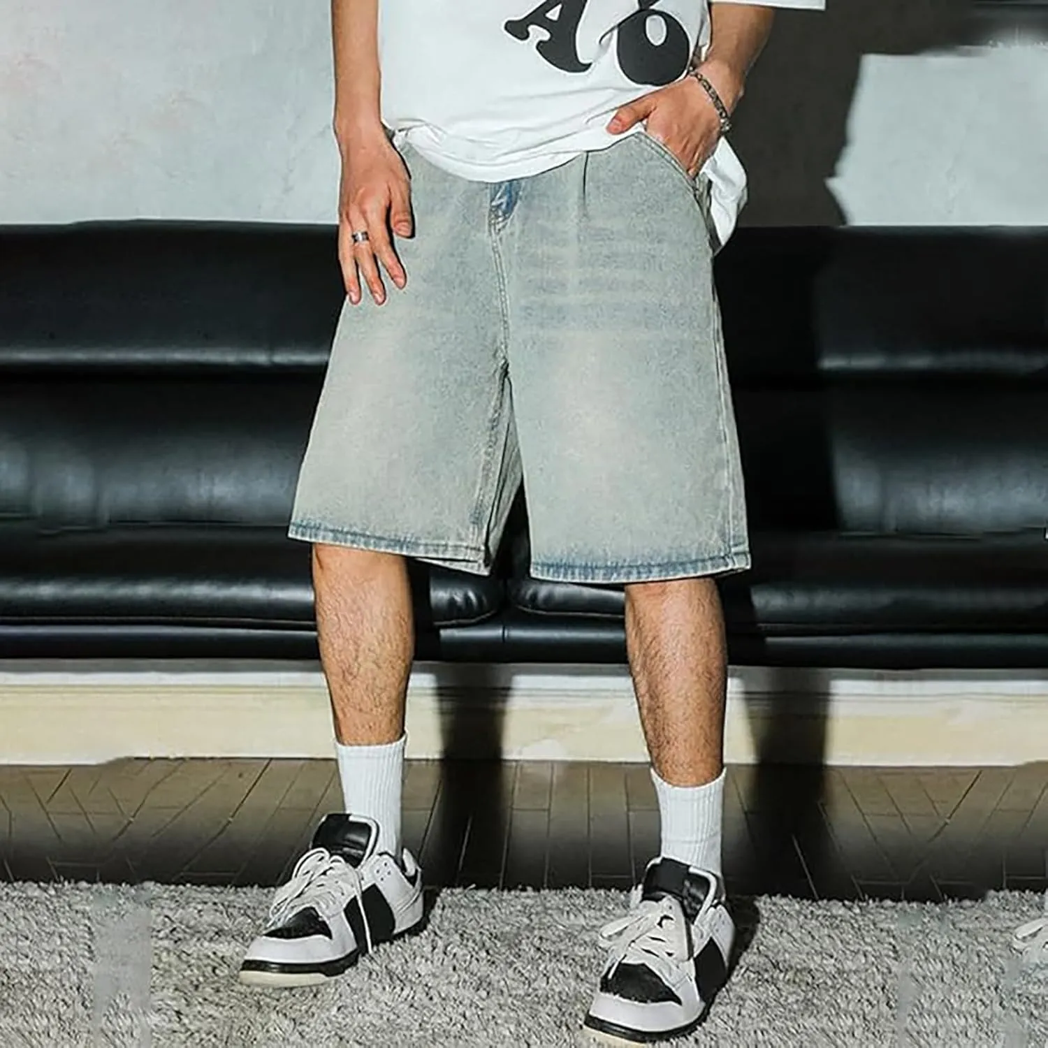 Mens Loose Fit Denim Shorts Baggy Casual Wide Leg Mid Jean Jorts Hip Hop Shorts Streetwear with Pockets