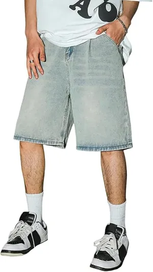 Mens Loose Fit Denim Shorts Baggy Casual Wide Leg Mid Jean Jorts Hip Hop Shorts Streetwear with Pockets