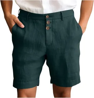 Mens Shorts Casual Linen Twill Solid Lightweight Work Shorts Slim Fit Summer Flat Front Pants with Pockets