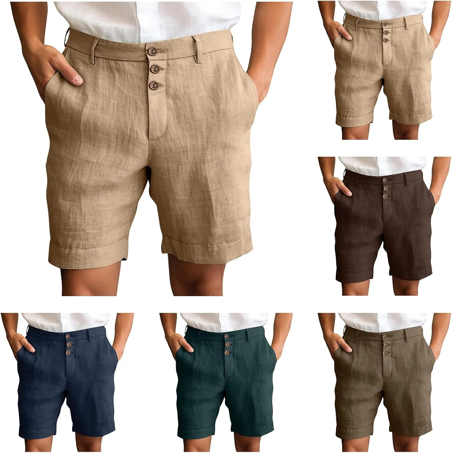 Mens Shorts Casual Linen Twill Solid Lightweight Work Shorts Slim Fit Summer Flat Front Pants with Pockets