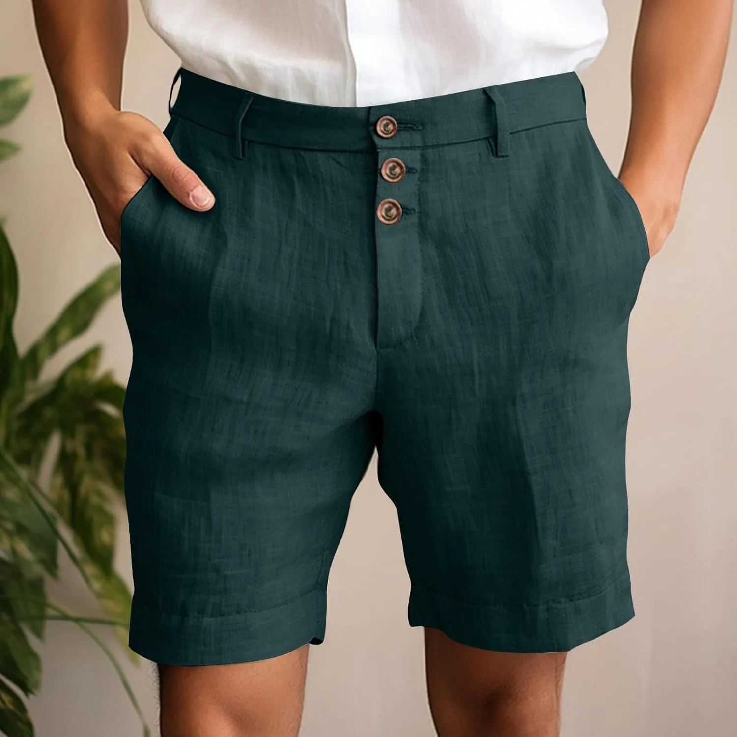 Mens Shorts Casual Linen Twill Solid Lightweight Work Shorts Slim Fit Summer Flat Front Pants with Pockets