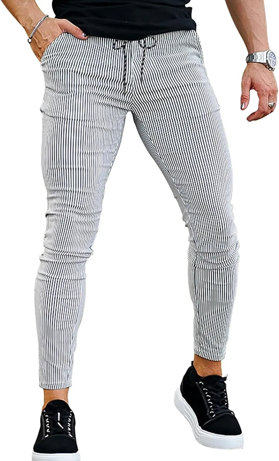 Mens Skinny Business Dress Chinos Pants Slim Fit Stretch Stripe Print Trousers for Men Flat-Front Casual Slacks for Men