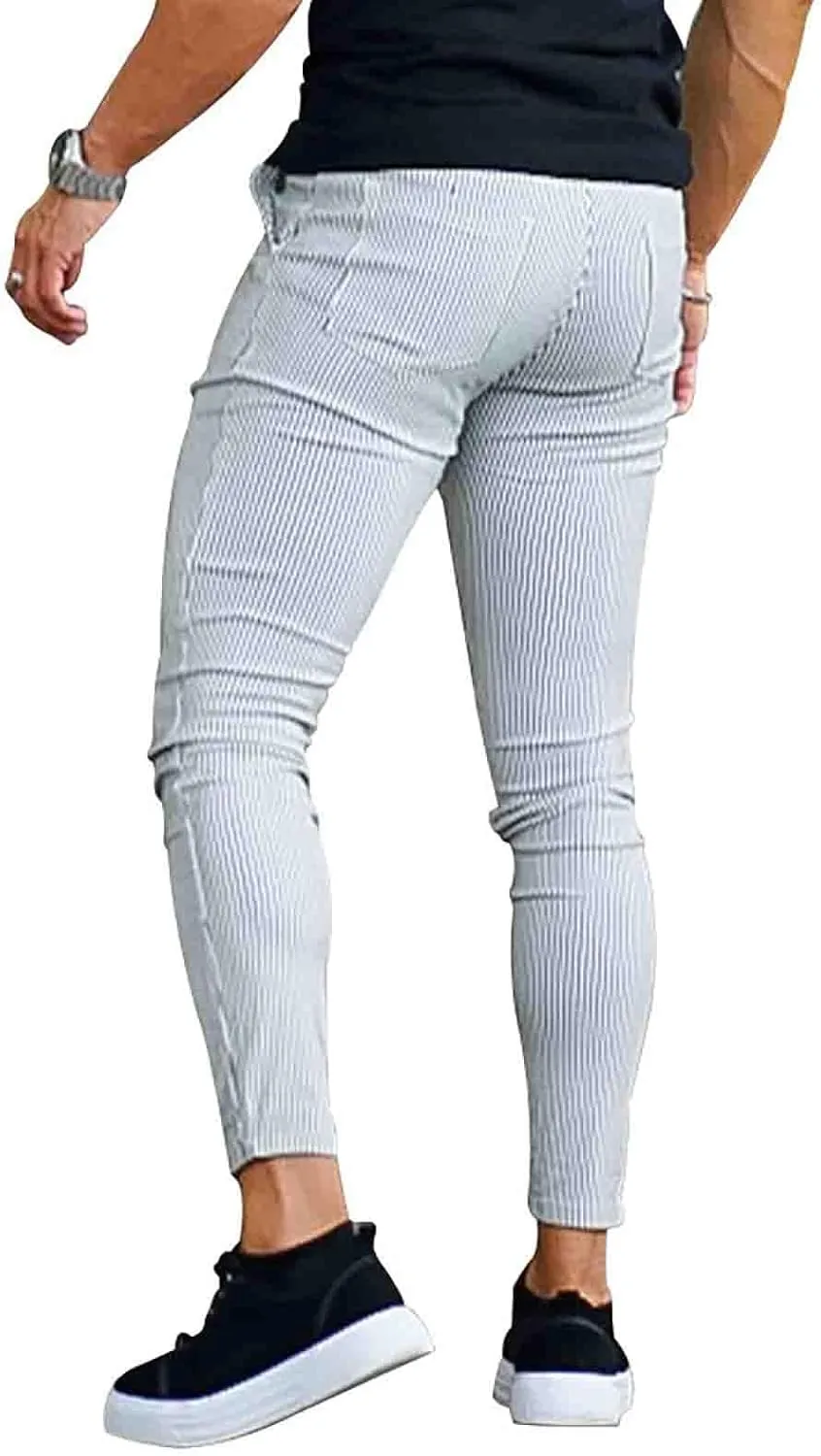 Mens Skinny Business Dress Chinos Pants Slim Fit Stretch Stripe Print Trousers for Men Flat-Front Casual Slacks for Men
