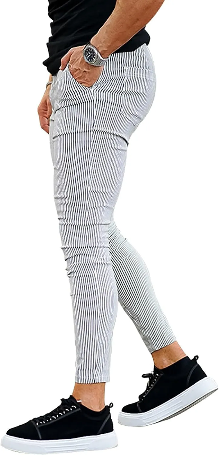 Mens Skinny Business Dress Chinos Pants Slim Fit Stretch Stripe Print Trousers for Men Flat-Front Casual Slacks for Men