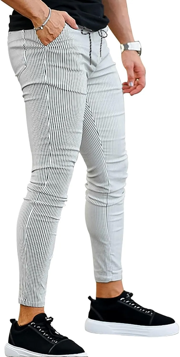 Mens Skinny Business Dress Chinos Pants Slim Fit Stretch Stripe Print Trousers for Men Flat-Front Casual Slacks for Men