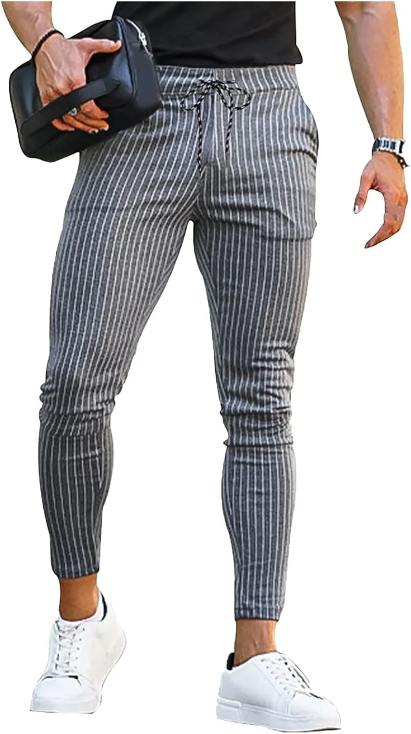 Men's Striped Dress Pants Slim Fit Stretch Golf Pants Bussiness Casual Suit Pants for Work Office