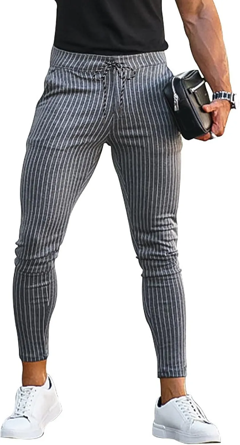 Men's Striped Dress Pants Slim Fit Stretch Golf Pants Bussiness Casual Suit Pants for Work Office