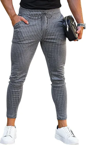 Men's Striped Dress Pants Slim Fit Stretch Golf Pants Bussiness Casual Suit Pants for Work Office