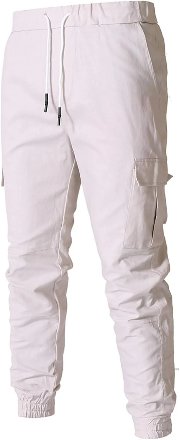 Men's Workout Cargo Pants Drawstring Elastic Waist Joggers Hiking Outdoor Athletic Sweatpants with Pockets Trousers