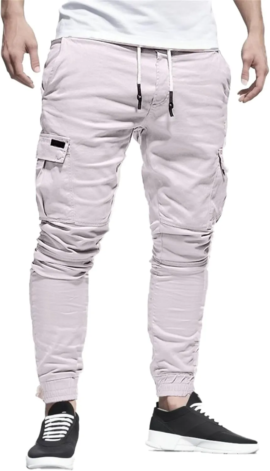 Men's Workout Cargo Pants Drawstring Elastic Waist Joggers Hiking Outdoor Athletic Sweatpants with Pockets Trousers