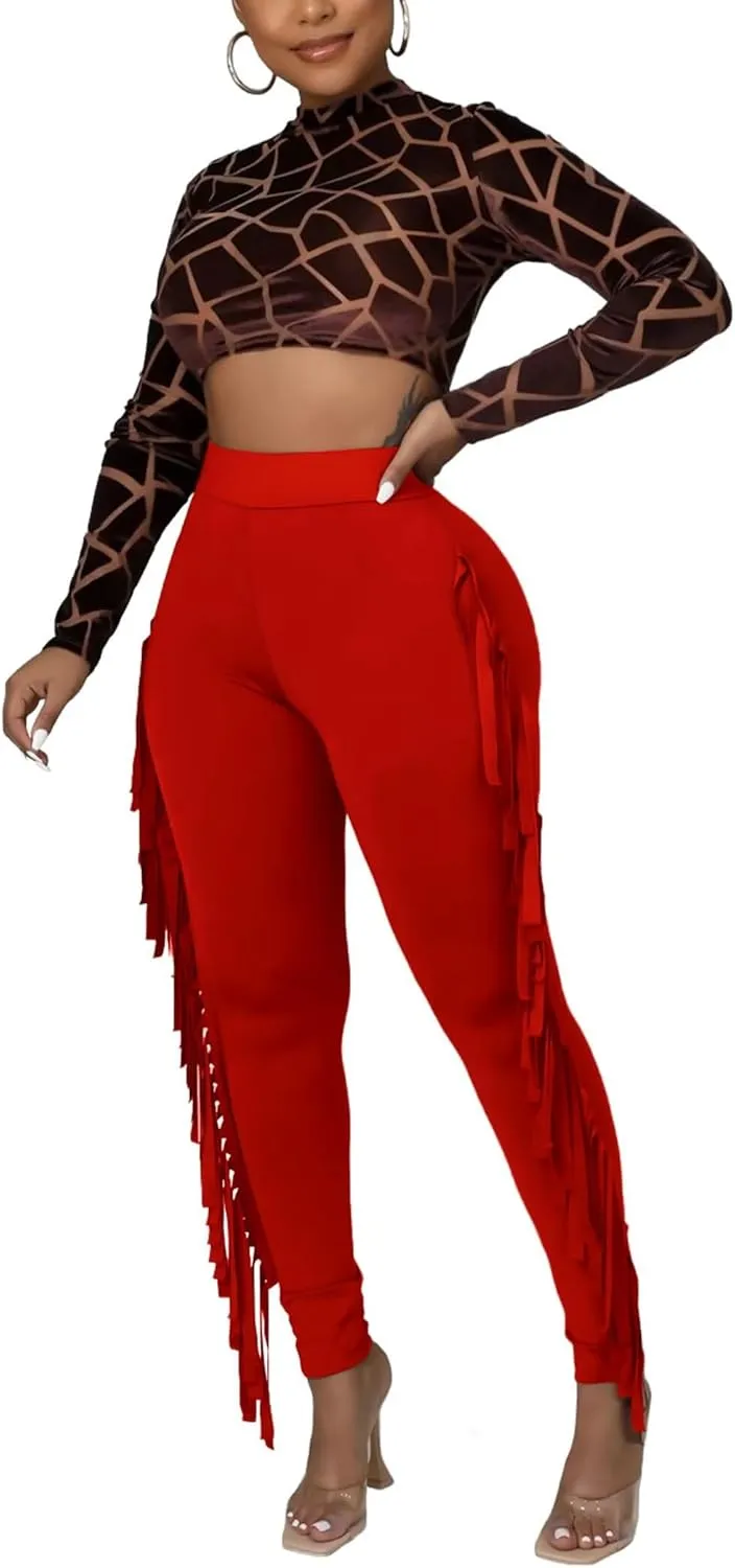 Mintsnow Women's Fringe Pants Casual High Waist Tassel Bodycon Pants Skinny Long Jogger Legging Pants Sweatpants Streetwear