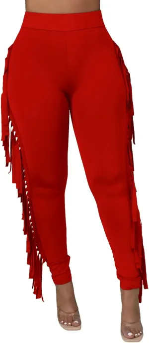 Mintsnow Women's Fringe Pants Casual High Waist Tassel Bodycon Pants Skinny Long Jogger Legging Pants Sweatpants Streetwear