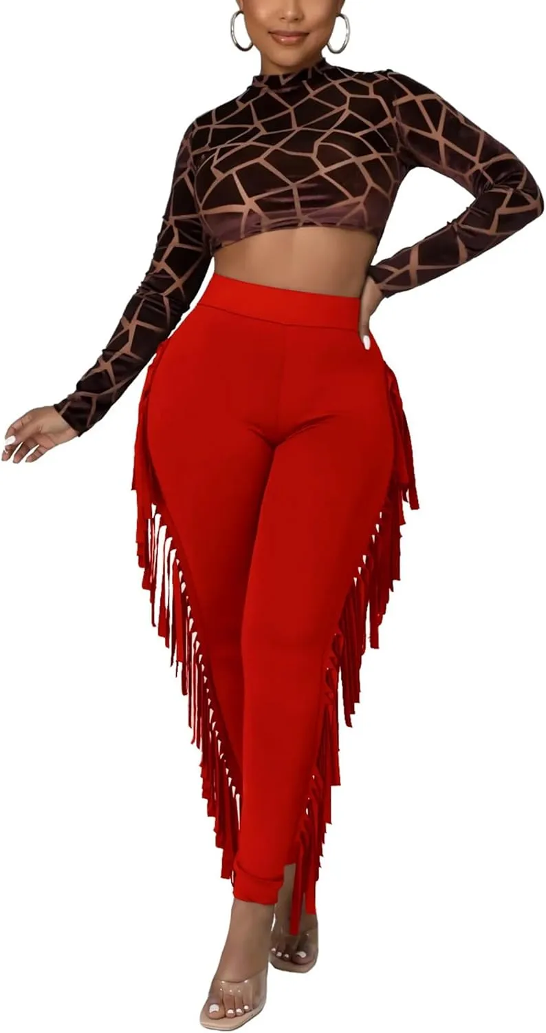 Mintsnow Women's Fringe Pants Casual High Waist Tassel Bodycon Pants Skinny Long Jogger Legging Pants Sweatpants Streetwear