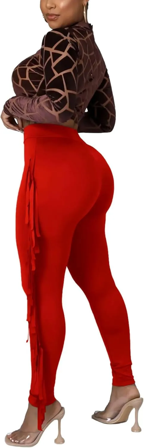 Mintsnow Women's Fringe Pants Casual High Waist Tassel Bodycon Pants Skinny Long Jogger Legging Pants Sweatpants Streetwear