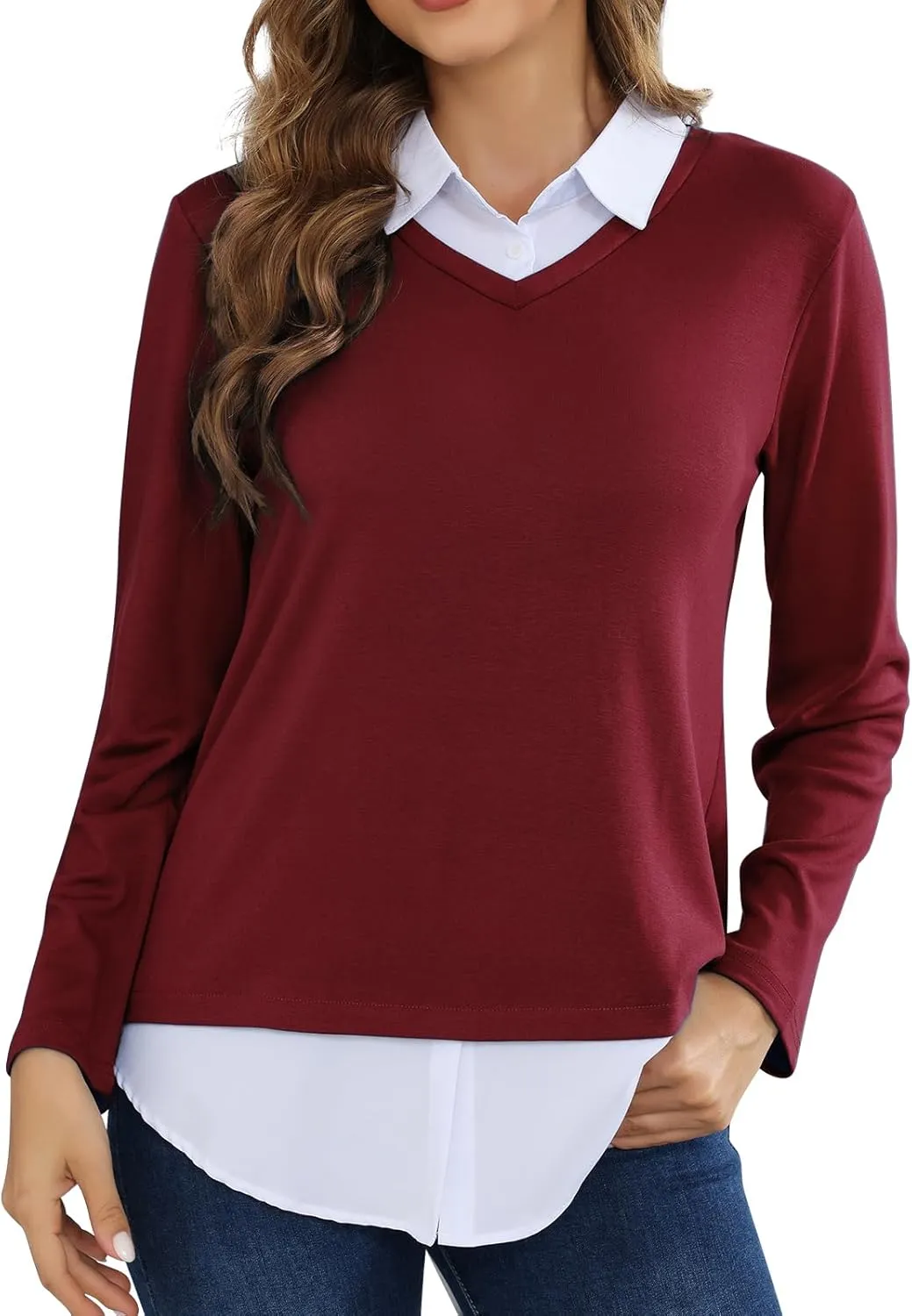 MISS FORTUNE Women's V-Neck Collar 2 in 1 Office Tunic Sweater