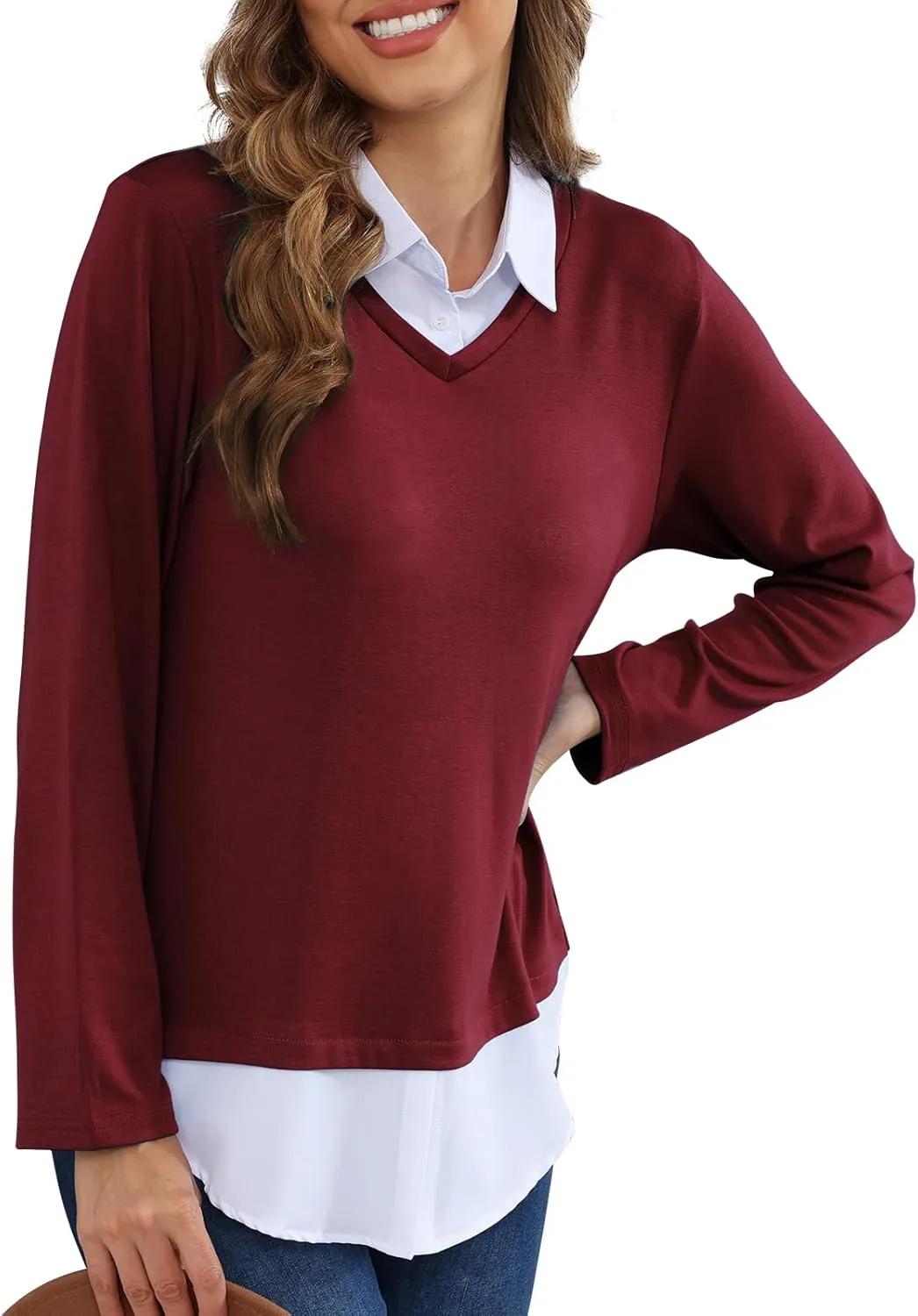 MISS FORTUNE Women's V-Neck Collar 2 in 1 Office Tunic Sweater