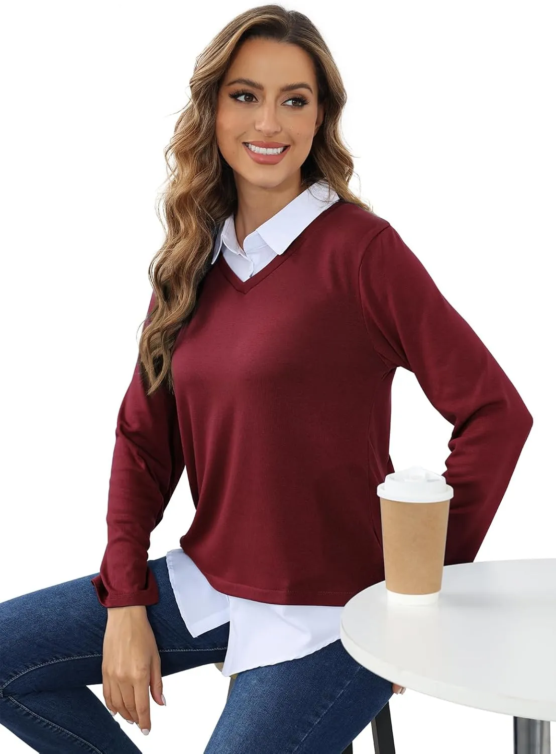 MISS FORTUNE Women's V-Neck Collar 2 in 1 Office Tunic Sweater