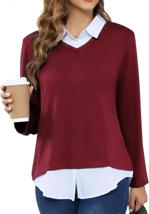 MISS FORTUNE Women's V-Neck Collar 2 in 1 Office Tunic Sweater
