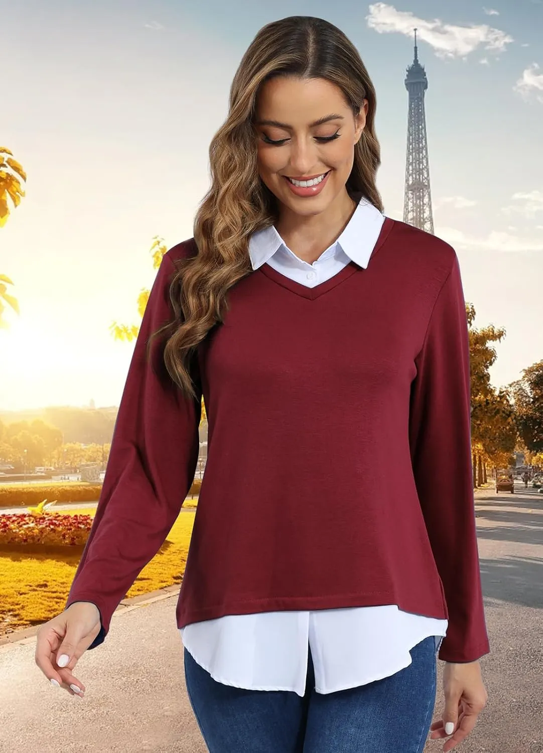 MISS FORTUNE Women's V-Neck Collar 2 in 1 Office Tunic Sweater