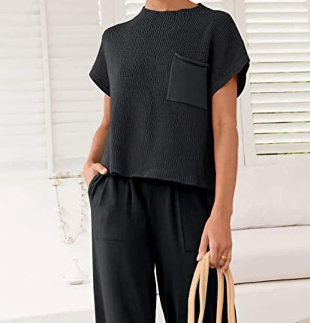 Nituyy Women Two Piece Sweater Lounge Set Knit Short Sleeve Pullover Tops and High Waisted Harem Pants 2 Piece Loungewear Set