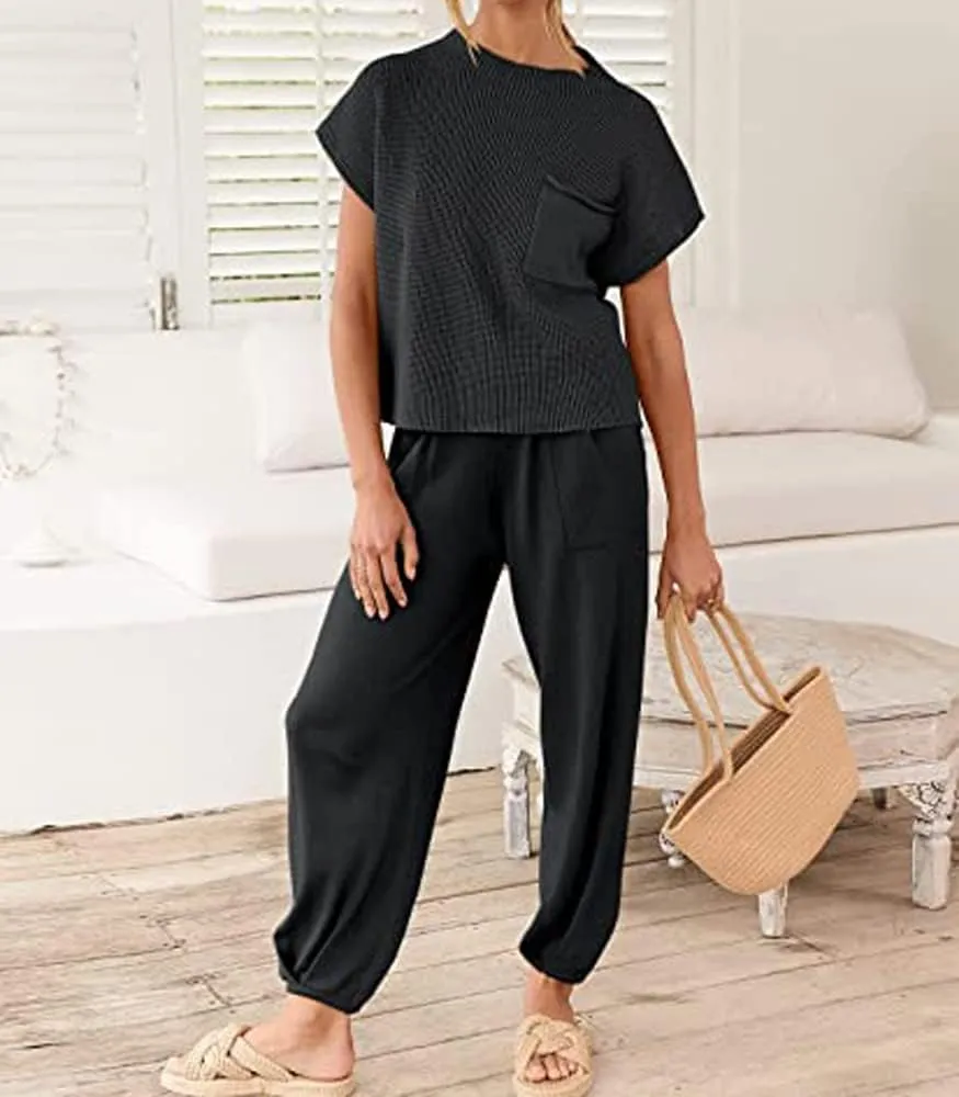 Nituyy Women Two Piece Sweater Lounge Set Knit Short Sleeve Pullover Tops and High Waisted Harem Pants 2 Piece Loungewear Set