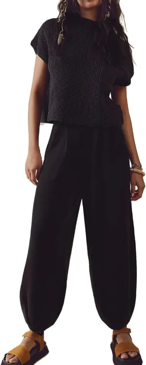 Nituyy Women Two Piece Sweater Lounge Set Knit Short Sleeve Pullover Tops and High Waisted Harem Pants 2 Piece Loungewear Set